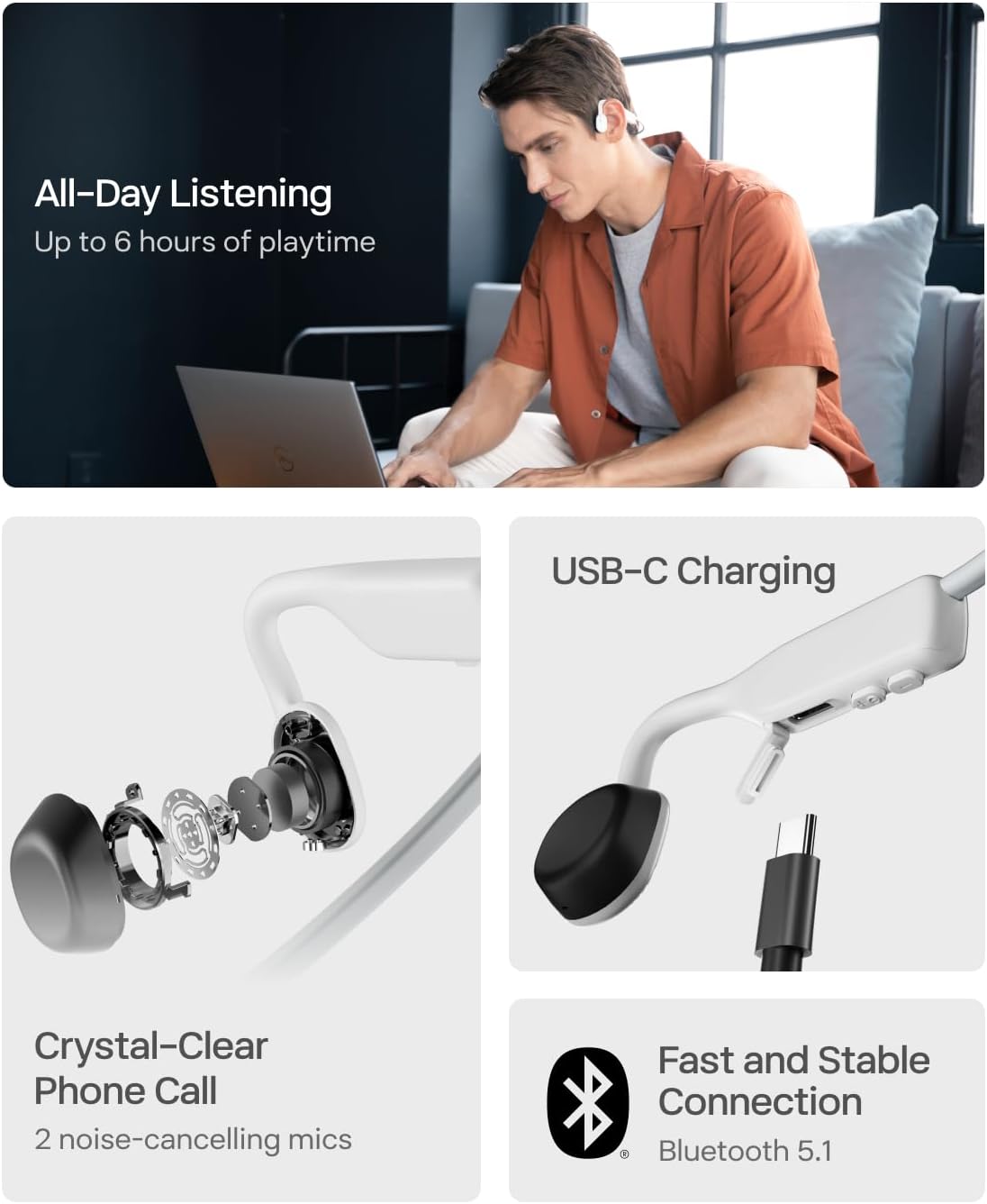 Shokz - OpenMove Bone Conduction Open Ear Lifestyle/Sport Headphones - White